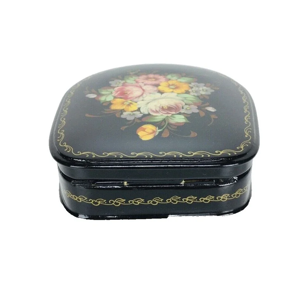 Vintage Russian Hand Painted Lacquered Floral Hinged Trinket Box Signed